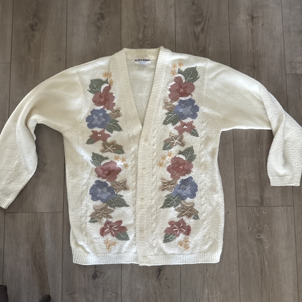 VTG Alfred Dunnar Granny Core Womens Sz L‎ Floral Cardigan Sweater Cottage Core